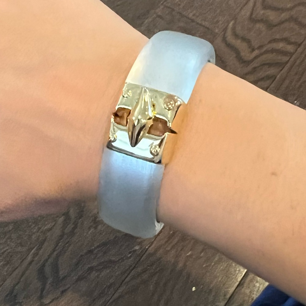 silvery frosted lucite bangle with gold buckle